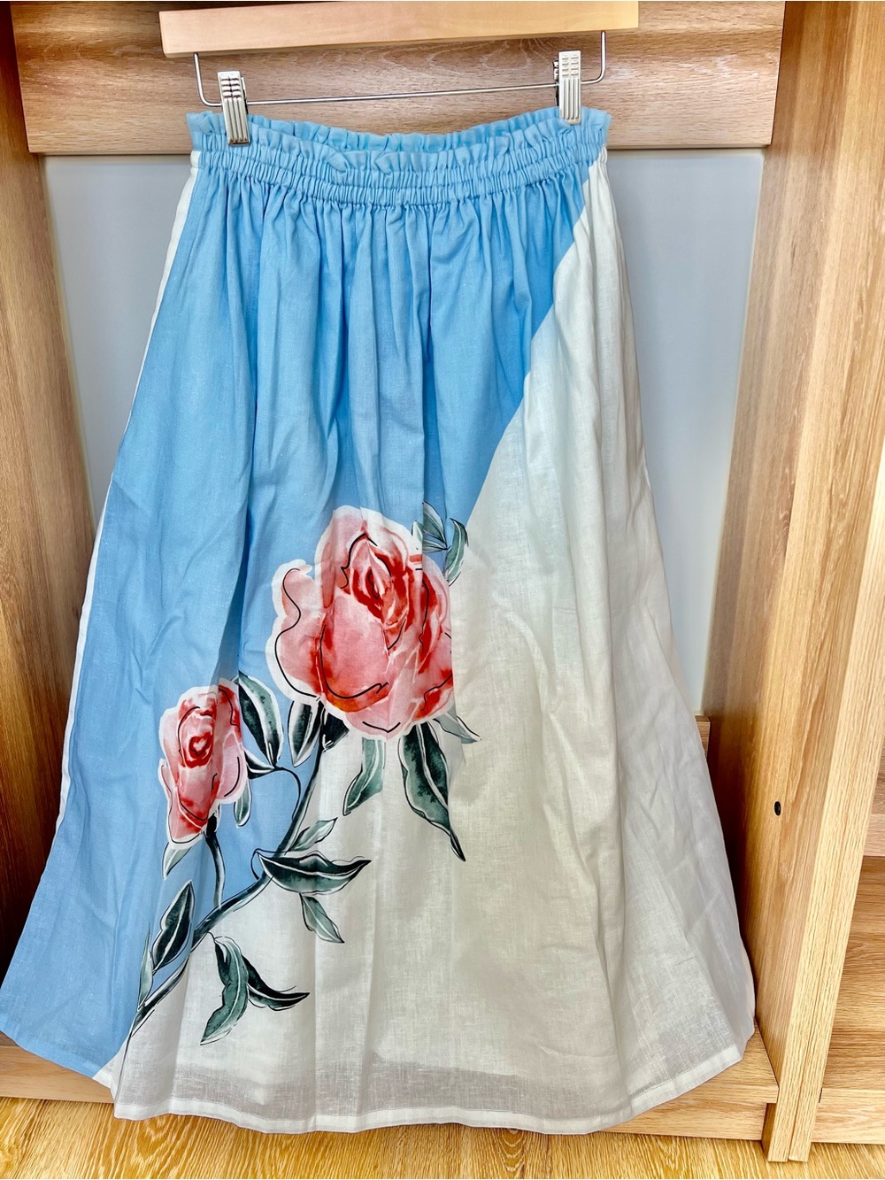 Blue and White Floral A-Line Midi Skirt with Pink Rose Print